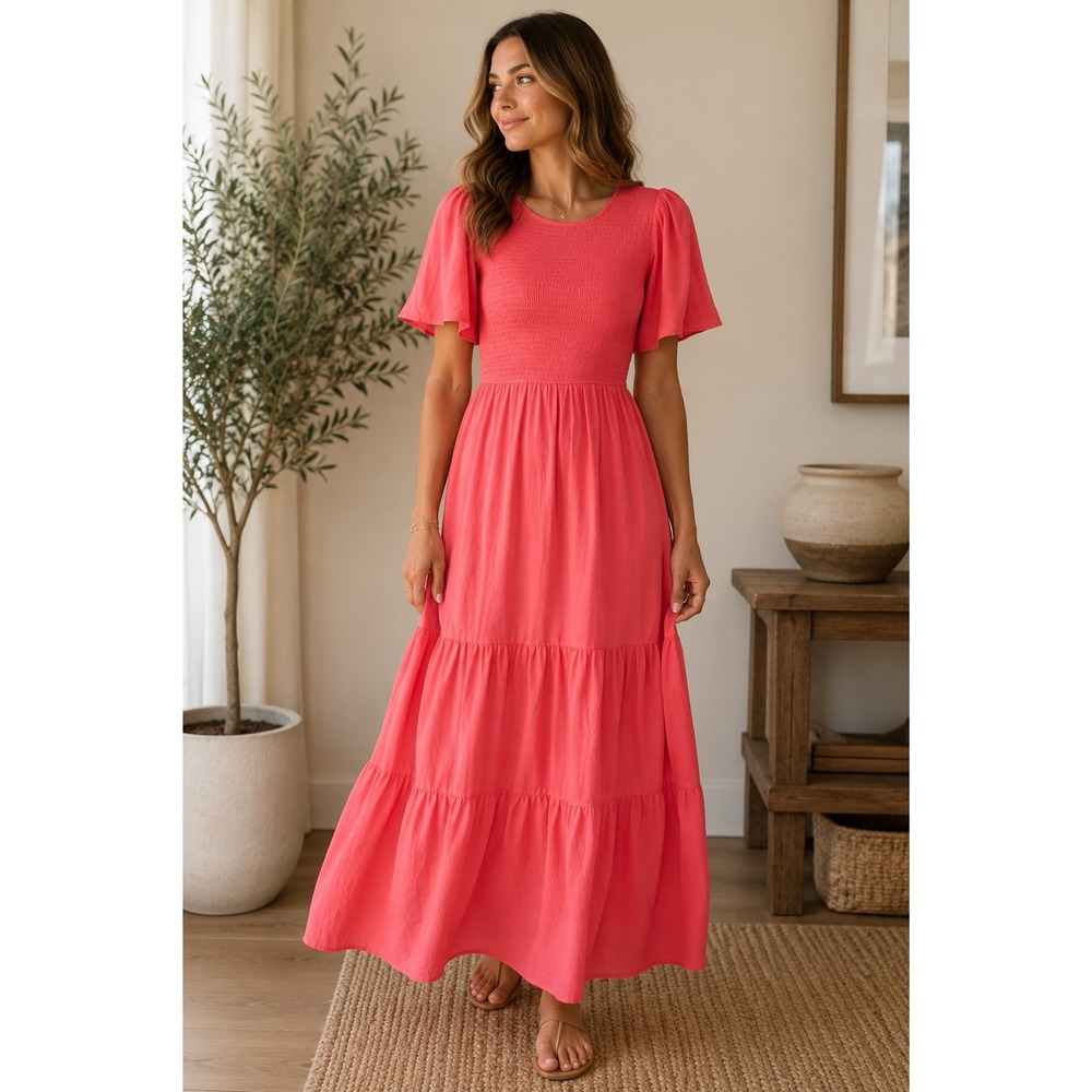 Zesica‎ Womens Smocked Tiered Maxi Dress Coral Pink Short Flutter Sleeve Size S